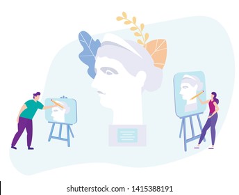 Man and Woman Painting on Easel Statue. Distance Learning. E-Learning. Man with Pencil. White Background. Vector Illustration. Study Art. Students Painter. Remote Access. Paint Sculpture.