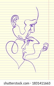 Man and woman, pair , heads, faces, silhouette, continuous line drawing in copybook with solid ink, minimalist art. Concept of romance.