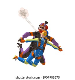 Man and Woman Paratrooper or Parachutist Free-falling and Descenting with Parachute Vector Illustration