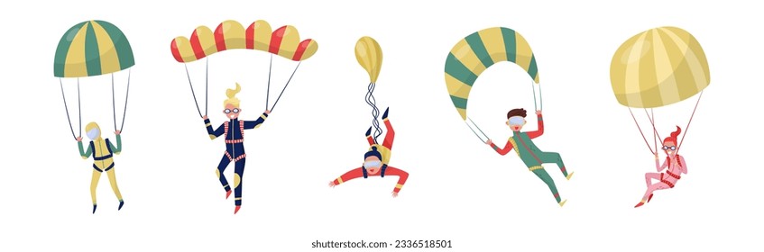 Man and Woman Paratrooper or Parachutist Free-falling and Descenting with Parachutes Vector Set