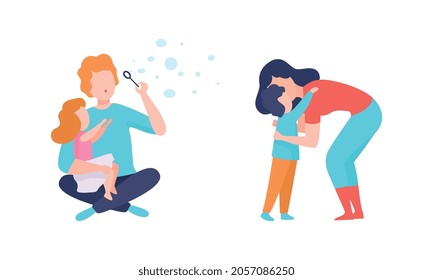 Man and Woman Parent Bringing up Kids Embracing and Blowing Soap Bubbles Vector Set