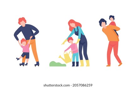 Man and Woman Parent Bringing up Kids Vector Set