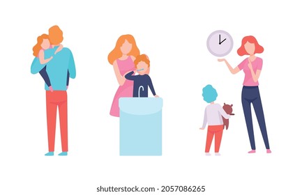 Man and Woman Parent Bringing up Kids Vector Set