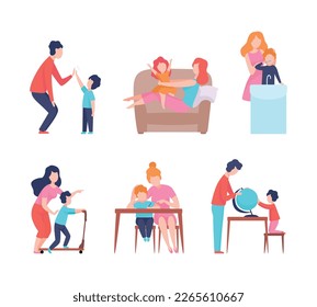 Man and Woman Parent Bringing up Kids Playing and Educating Them Vector Set