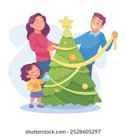 Man and Woman Parent with Daughter Decorate Fir Tree as Home Activity Vector Illustration