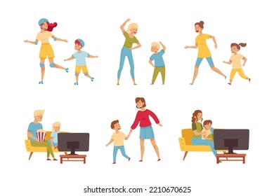 Man and Woman Parent with Kids Enjoying Different Activity Together Vector Set