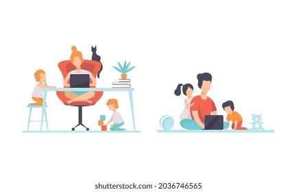 Man and Woman Parent Working from Home and Nursing Children Combining Job and Family Duty Vector Set