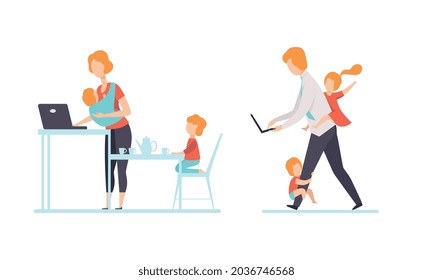 Man and Woman Parent Working from Home and Nursing Children Combining Job and Family Duty Vector Set