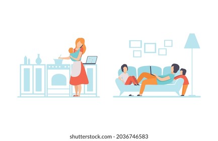 Man and Woman Parent Working from Home and Nursing Children Combining Job and Family Duty Vector Set
