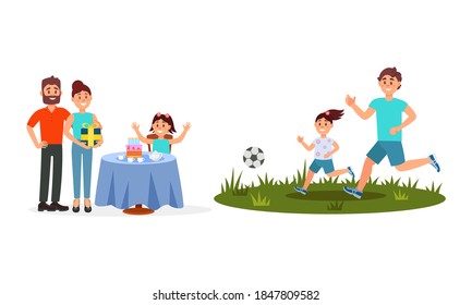 Man and Woman Parents with Kid Celebrating Birthday and Playing Football Vector Illustration Set