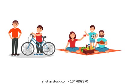 Man and Woman Parents with Kid Having Picnic and Cycling Vector Illustration Set