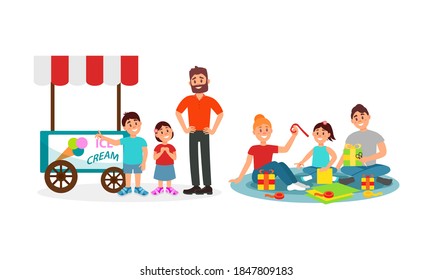 Man And Woman Parents With Kid Wrapping Gift Boxes And Walking Vector Illustration Set