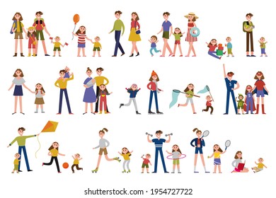 Man and Woman Parents Spending Time Together with Their Children Vector Illustration Set