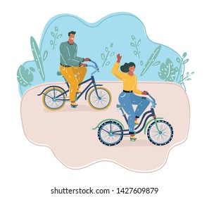 Man and woman in the park. Couple with bicycles in the summer.