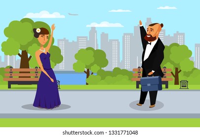 Man and Woman in Park Flat Vector Illustration. Friends waving hi Concept. Girlfriend in Luxury Evening Gown. Cool Rich Boyfriend, Bachelor Flat Character. Fashionable, Stylish Businessman Drawing