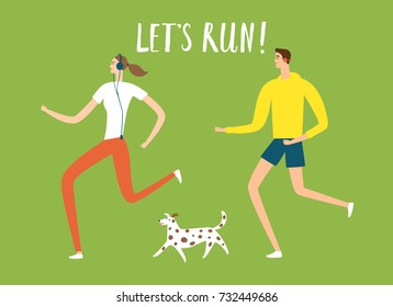 Man and woman at the park running with dog. Cartoon illustration for your design.
