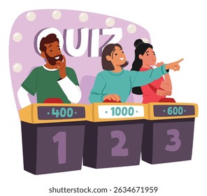 Man and woman participant cartoon characters answering question playing quiz game TV show scene. Intelligent people enjoying fun entertainment and creative entertaining event vector illustration