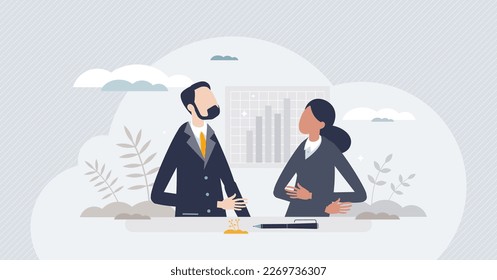 Personajes del hombre y la mujer asociados en el entorno empresarial concepto de persona pequeña. Traje oficial de traje de oficina para la ilustración vectorial de hombre de negocios y mujer de negocios. Líderes confiables con datos financieros