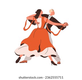 Man and woman partners couple performing waltz. Happy male and female duet, ballroom dance movement. Classic choreography performance. Flat graphic vector illustration isolated on white background