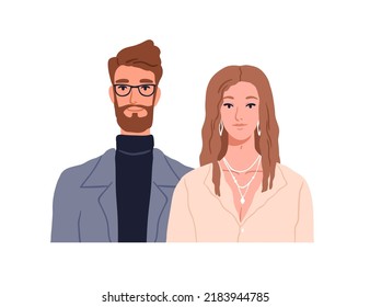 Man and woman partners couple. Two happy young elegant people characters portrait. Modern husband and wife, pretty smiling spouse, pair together. Flat vector illustration isolated on white background