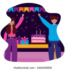 man and woman party cake birthday celebration vector illustration