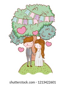 man and woman with party flags and hearts