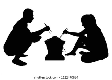 A man and a woman in party with pork grilled pan silhouette vector