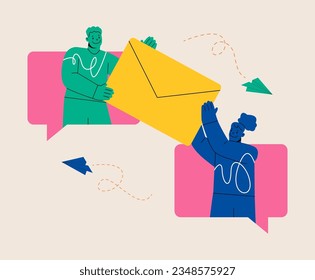 Man and woman pass each other a large envelope. Correspondence, communication. Colorful vector illustration 
