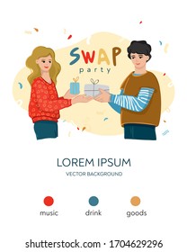 Man and woman pass items to each other. Poster template for exchanging things, books, goods, clothes. Concern about the environment, eco living, green thinking. Swap party banner. Vector illustration