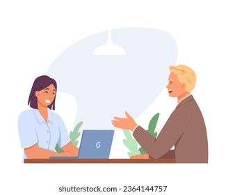 Man and woman pass questionnaires, discuss work duties. Candidate answering on questions. Work of human resources department. Flat vector illustration in cartoon style