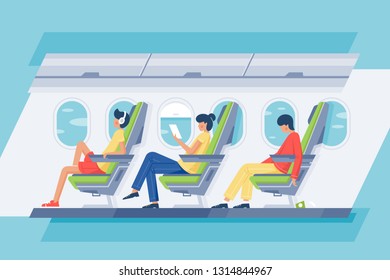 Man and woman passenger with headphones and book relax in the plane. Concept people characters on vacation, journey, trip, flight. Vector illustration.