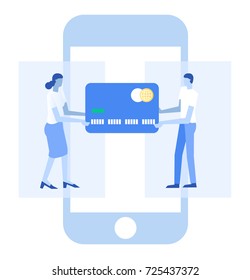 A man and woman are paying by credit card on mobile.E-commerce business, sale and consumerism concept.Shopping on-line concept.