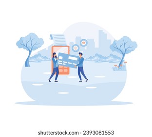 Man and woman paying with credit card, electronic bank transfer.  flat vector modern illustration  