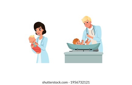 Man and Woman Pediatrician or Medical Doctor Performing Baby Checkup and Examination Vector Set