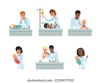 Man and Woman Pediatrician or Medical Doctor Performing Baby Checkup and Examination Vector Set