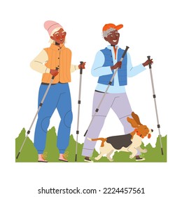 Man and Woman Pensioner Character Pole Walking with Dog Engaged in Hobby Activity on Retirement Vector Illustration