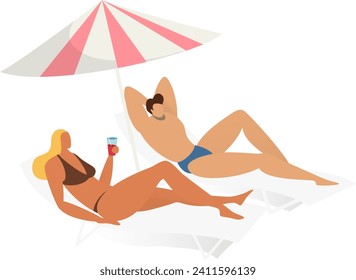 Man woman people couple at summer beach vacation isolated on white vector illustration. Young flat character rest in swimsuit, adult person lying sunbathing at cartoon holiday resort.