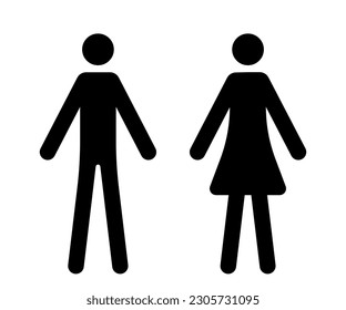 Man and woman peoples symbols. WC toilet icons. Woman sign, man silhouette icon. Thin and tall peaolpe vector graphic, couple. Restroom gender signs.