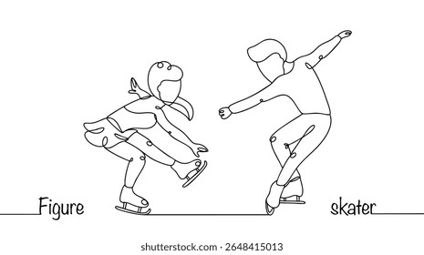 A man and a woman perform dance and acrobatic elements on ice. They combine skating techniques with artistry and music. A pair of skaters drawn with a continuous line.