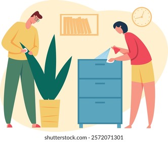 Man and woman performing house chores, cleaning and disinfecting surfaces, wiping dust from houseplant leaves and spraying and wiping furniture drawers