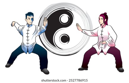 A man and a woman are performing Tai Chi. Vector. With Tai Chi icon as background.