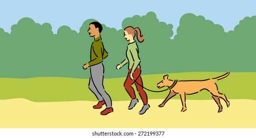 Man and woman with pet dog jogging outside, green clothing