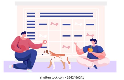 Man and woman pet owners sitting with a dog, playing with a puppy. Character holds a donut, gives it to a sad doggy. Funny girl training her domestic animal. People with their spotted doggy