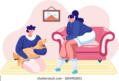 Man and woman pet owners sitting with a dog, dreaming with a puppy, character holding an animal in his arms, hugging with him. Young family with their domestic animal. Owner with her tender doggy
