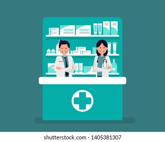 Man and Woman pharmacist in drugstore. Vector illustration Pharmacy concept, Flat cartoon style design, Medicine, Health