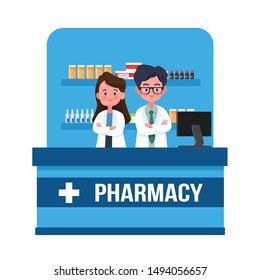 Man And Woman Pharmacist In Drugstore. Vector Illustration Pharmacy Concept, Flat Cartoon Style Design, Medicine, Health