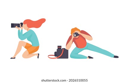 Man and Woman Photographer Shooting with Professional Camera Vector Set