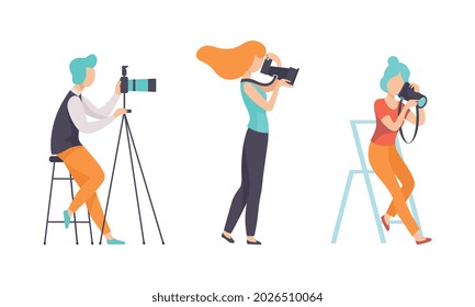 Man and Woman Photographer Shooting with Professional Camera Vector Set