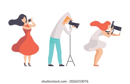 Man and Woman Photographer Shooting with Professional Camera Vector Set