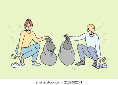 Man and woman pick up trash on street care about nature and environment. Couple volunteers or activist clean outdoors from garbage. Environmental conservation. Vector illustration. 